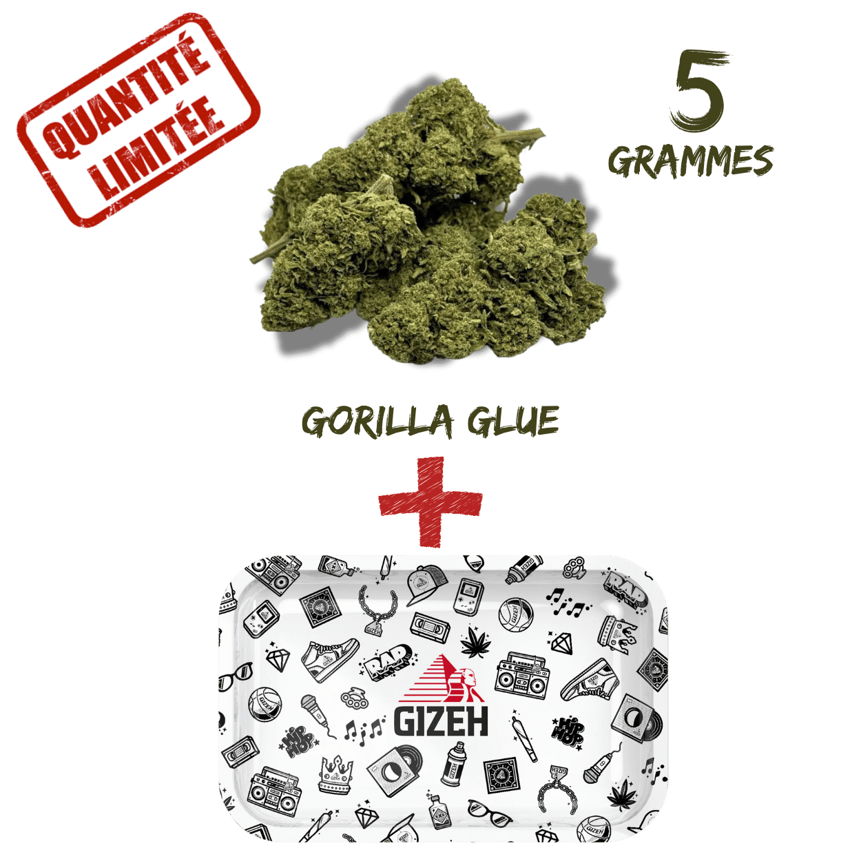 Pack Fleur CBD Gorilla Glue Greenhouse + Plateau à Rouler GIZEH Comic Blanc 275x175mm